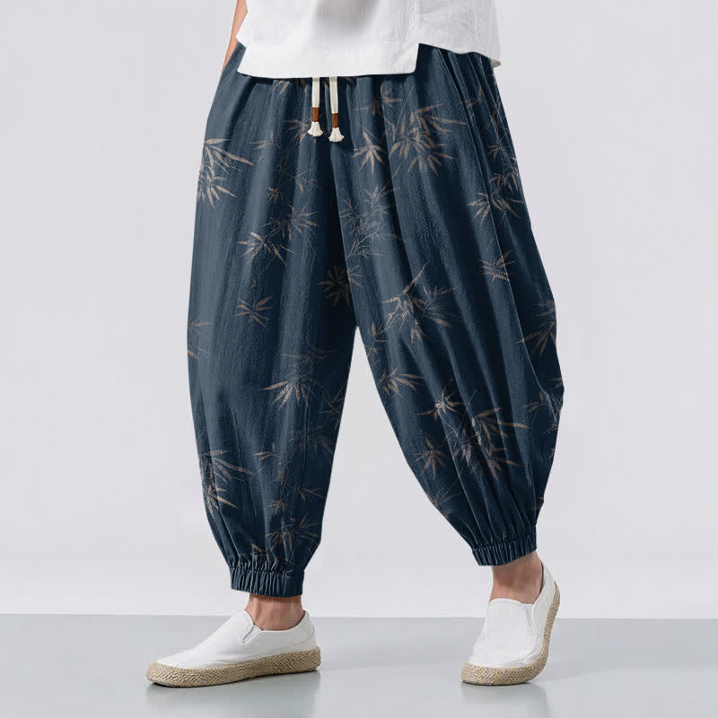 Buddha Stones Pantaloni harem da uomo in puro cotone con coulisse e tasche, fantasia a foglie di bambù. - Marina - US/UK/AU50, EU60 (5XL) - image 6