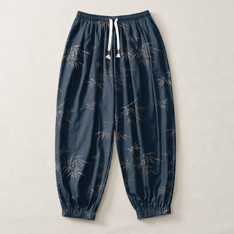 Buddha Stones Pantaloni harem da uomo in puro cotone con coulisse e tasche, fantasia a foglie di bambù. - image 7