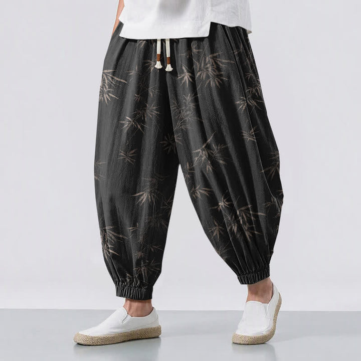 Buddha Stones Pantaloni harem da uomo in puro cotone con coulisse e tasche, fantasia a foglie di bambù. - Nero - US/UK/AU50, EU60 (5XL) - image 12