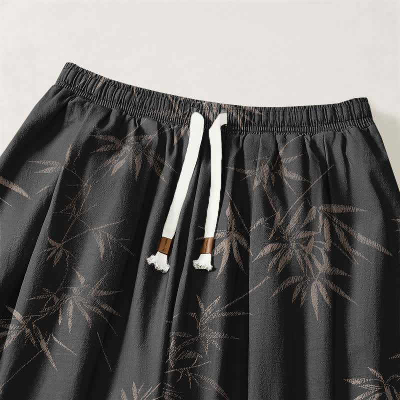 Buddha Stones Pantaloni harem da uomo in puro cotone con coulisse e tasche, fantasia a foglie di bambù. - image 15