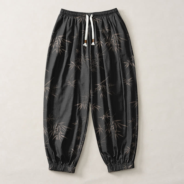 Buddha Stones Pantaloni harem da uomo in puro cotone con coulisse e tasche, fantasia a foglie di bambù. - image 13