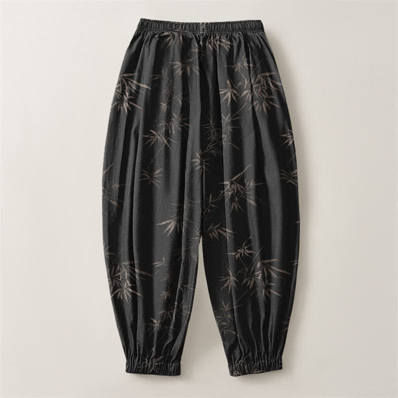 Buddha Stones Pantaloni harem da uomo in puro cotone con coulisse e tasche, fantasia a foglie di bambù. - image 14
