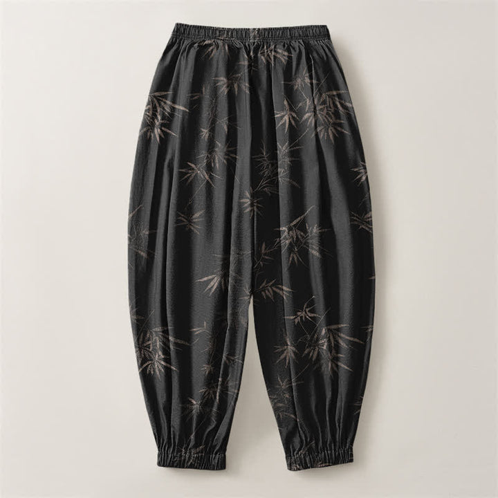 Buddha Stones Pantaloni harem da uomo in puro cotone con coulisse e tasche, fantasia a foglie di bambù. - image 14