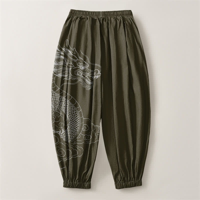 Buddha Stones Pantaloni harem da uomo in puro cotone bianco con motivo draghi e nuvole, con coulisse e tasche. - image 2
