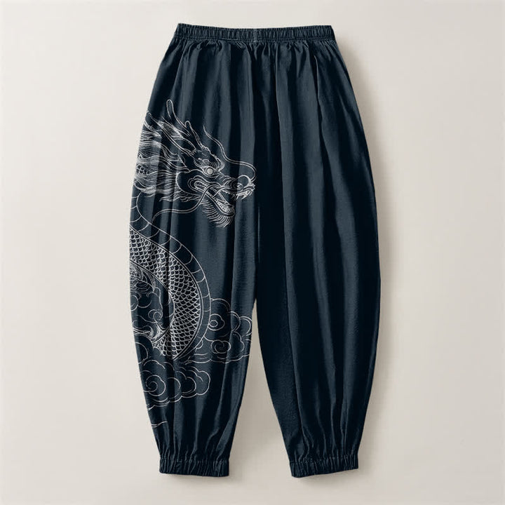 Buddha Stones Pantaloni harem da uomo in puro cotone bianco con motivo draghi e nuvole, con coulisse e tasche. - image 8