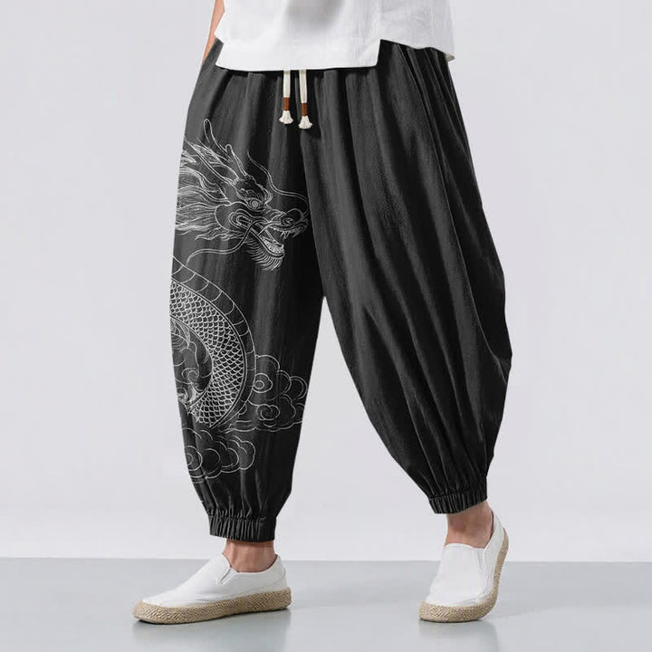 Buddha Stones Pantaloni harem da uomo in puro cotone bianco con motivo draghi e nuvole, con coulisse e tasche. - Nero - US/UK/AU50, EU60 (5XL) - image 12