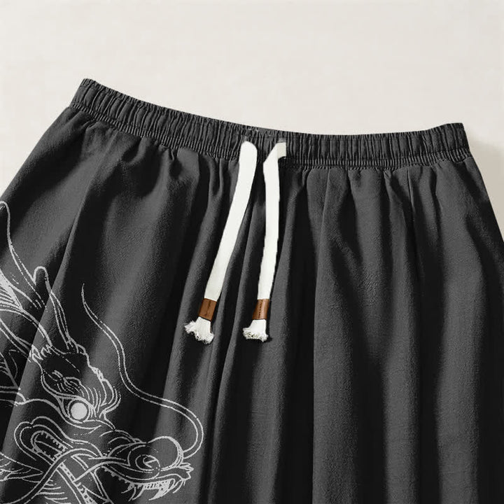 Buddha Stones Pantaloni harem da uomo in puro cotone bianco con motivo draghi e nuvole, con coulisse e tasche. - image 15
