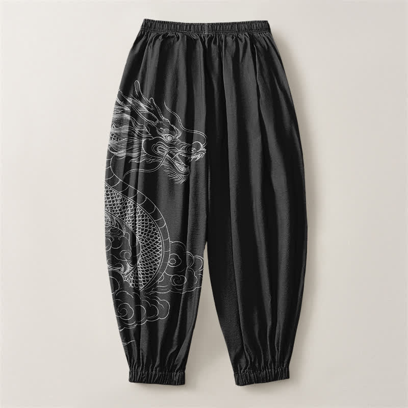 Buddha Stones Pantaloni harem da uomo in puro cotone bianco con motivo draghi e nuvole, con coulisse e tasche. - image 14