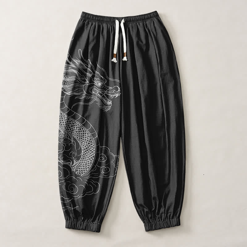 Buddha Stones Pantaloni harem da uomo in puro cotone bianco con motivo draghi e nuvole, con coulisse e tasche. - image 13