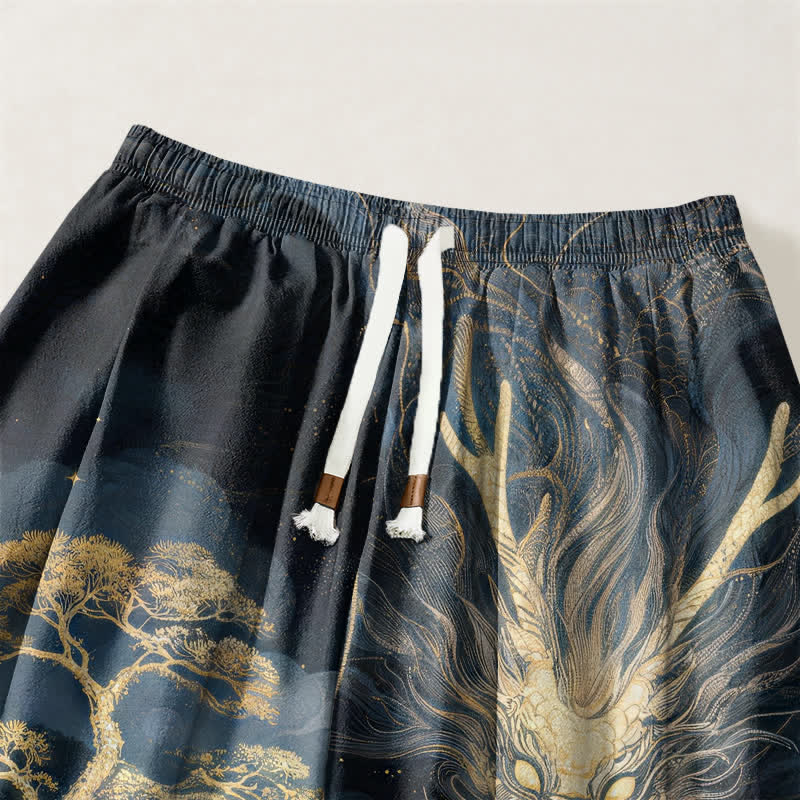 Buddha Stones Pantaloni harem da uomo in puro cotone con coulisse e tasche, fantasia paesaggio con drago dorato. - image 3