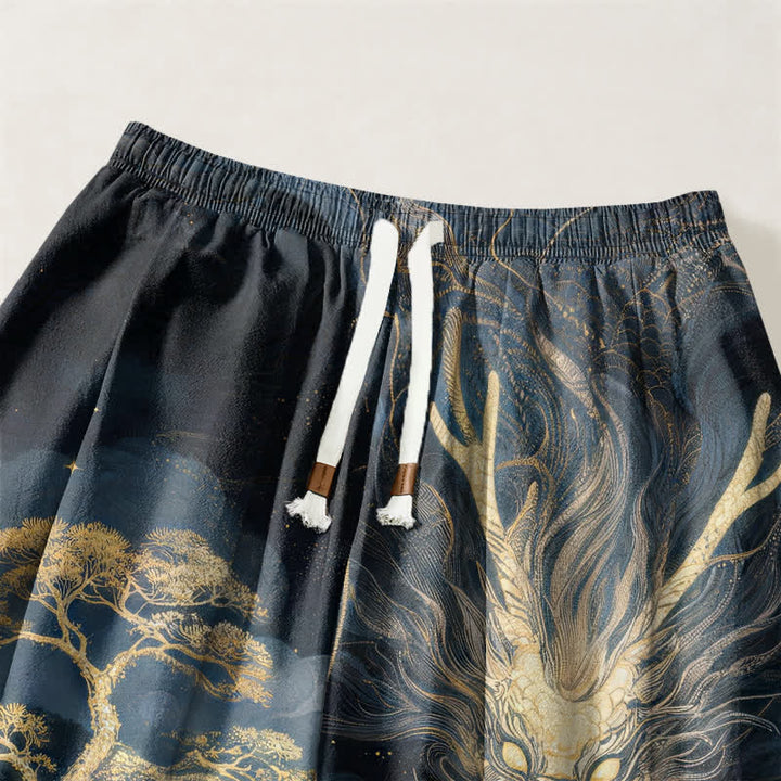 Buddha Stones Pantaloni harem da uomo in puro cotone con coulisse e tasche, fantasia paesaggio con drago dorato. - image 3