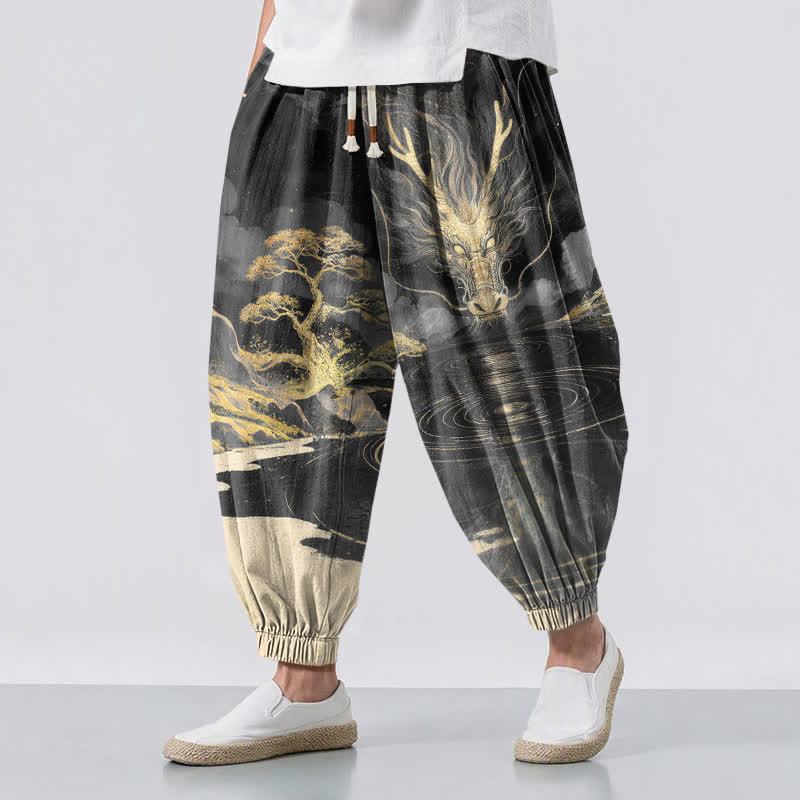 Buddha Stones Pantaloni harem da uomo in puro cotone con coulisse e tasche, fantasia paesaggio con drago dorato. - Nero - US/UK/AU50, EU60 (5XL) - image 6