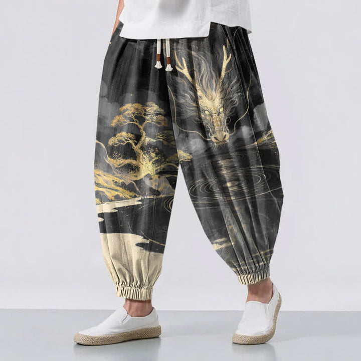Buddha Stones Pantaloni harem da uomo in puro cotone con coulisse e tasche, fantasia paesaggio con drago dorato. - Nero - US/UK/AU50, EU60 (5XL) - image 6