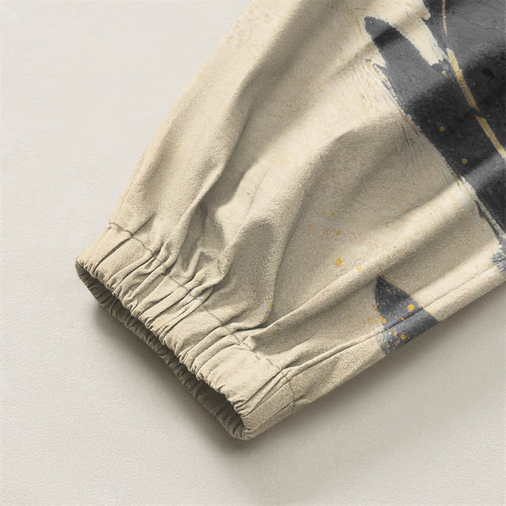 Buddha Stones Pantaloni harem da uomo in puro cotone con coulisse e tasche, fantasia paesaggio con drago dorato. - image 10