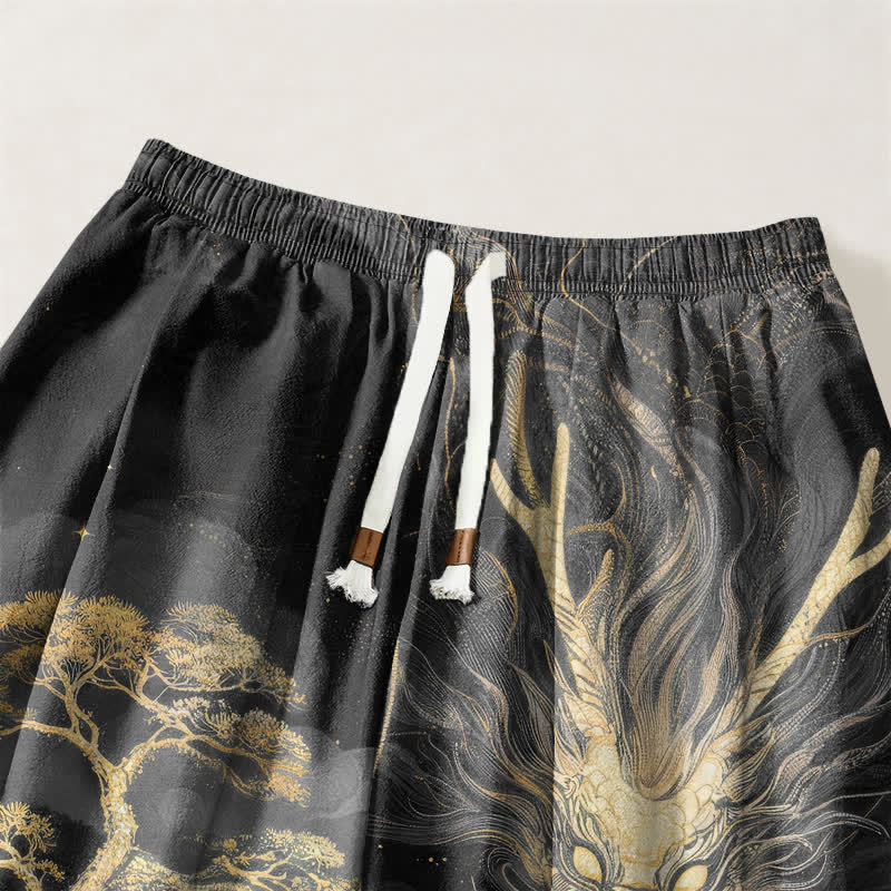 Buddha Stones Pantaloni harem da uomo in puro cotone con coulisse e tasche, fantasia paesaggio con drago dorato. - image 9