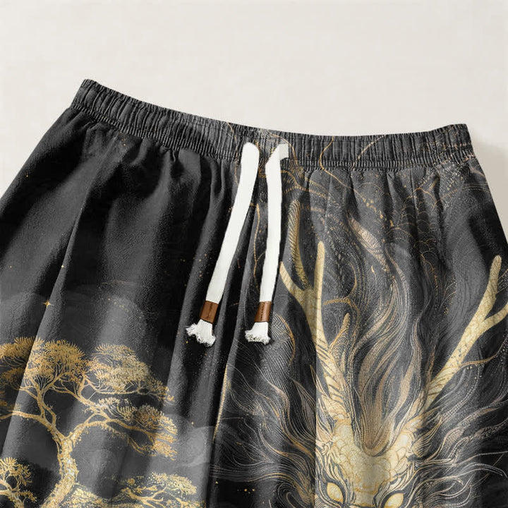 Buddha Stones Pantaloni harem da uomo in puro cotone con coulisse e tasche, fantasia paesaggio con drago dorato. - image 9