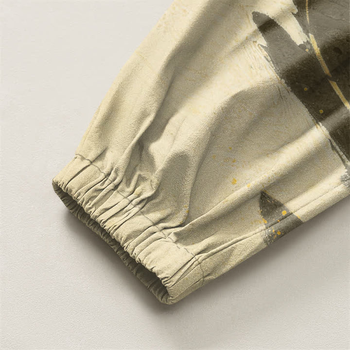 Buddha Stones Pantaloni harem da uomo in puro cotone con coulisse e tasche, fantasia paesaggio con drago dorato. - image 16