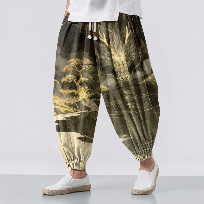 Buddha Stones Pantaloni harem da uomo in puro cotone con coulisse e tasche, fantasia paesaggio con drago dorato. - Verde oliva scuro - US/UK/AU50, EU60 (5XL) - image 12