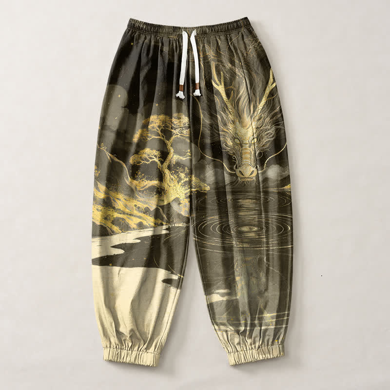Buddha Stones Pantaloni harem da uomo in puro cotone con coulisse e tasche, fantasia paesaggio con drago dorato. - image 13