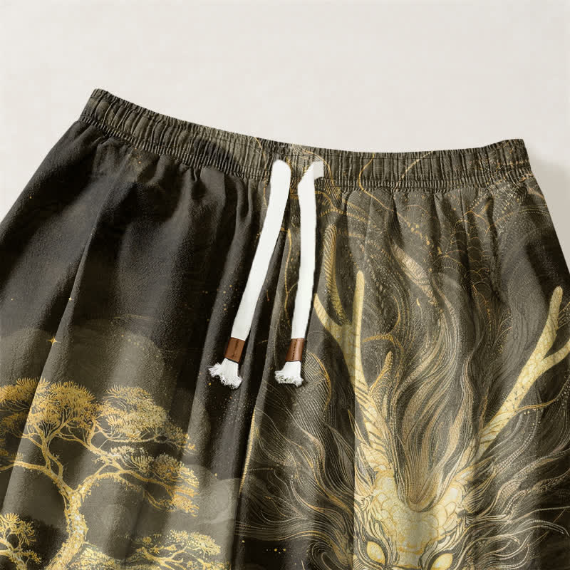 Buddha Stones Pantaloni harem da uomo in puro cotone con coulisse e tasche, fantasia paesaggio con drago dorato. - image 15