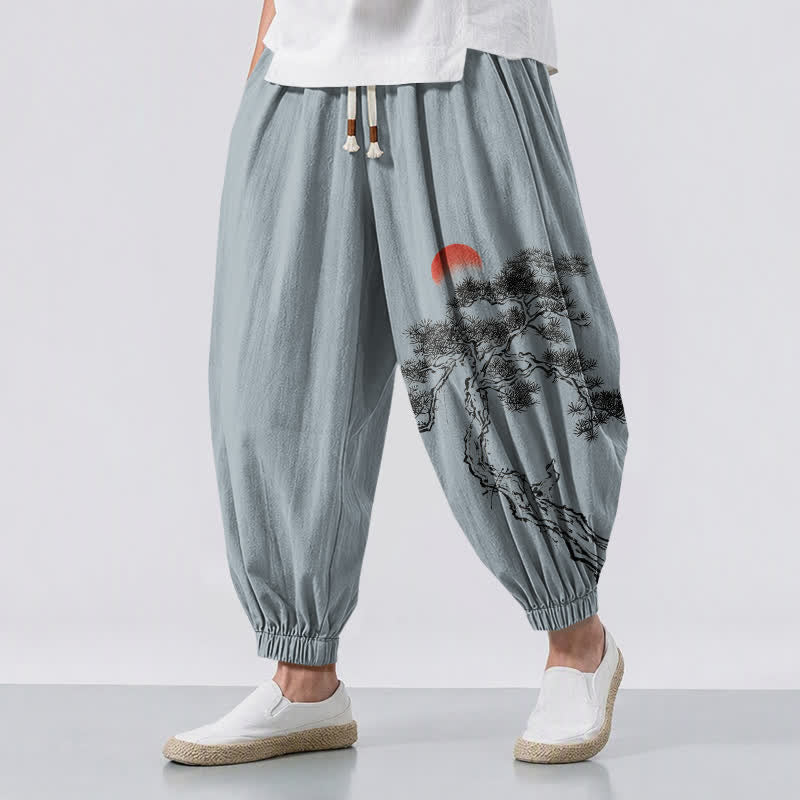 Buddha Stones Pantaloni harem da uomo in puro cotone con coulisse e tasche, fantasia a inchiostro di pini e sole. - Blu acciaio chiaro - US/UK/AU50, EU60 (5XL) - image 6