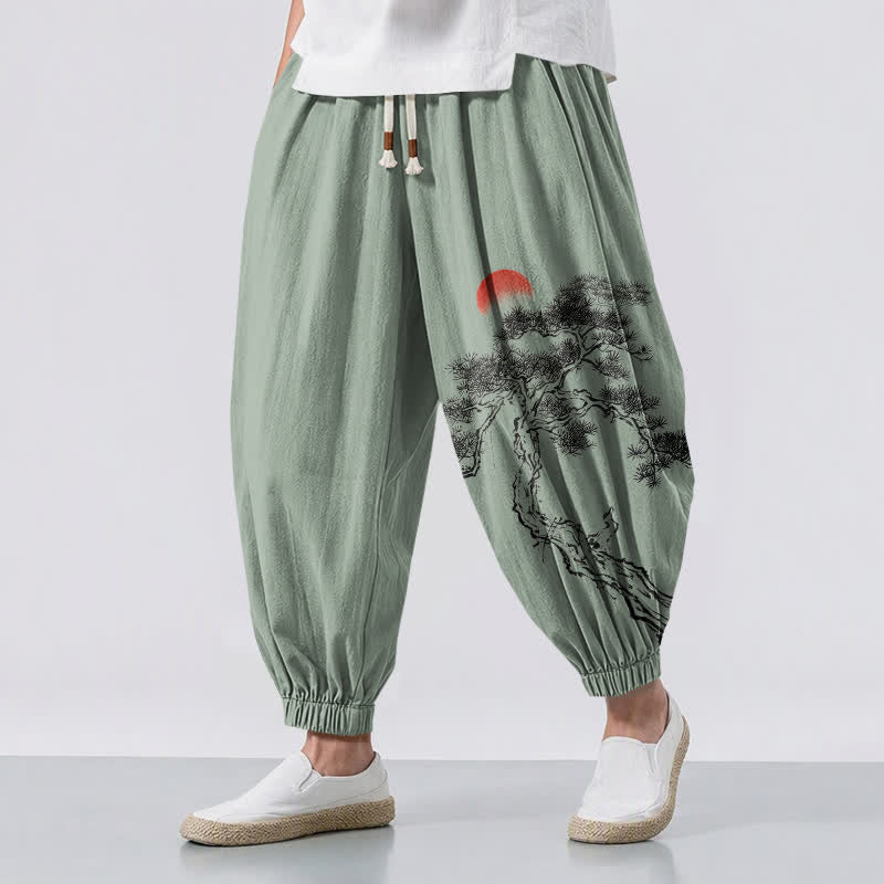 Buddha Stones Pantaloni harem da uomo in puro cotone con coulisse e tasche, fantasia a inchiostro di pini e sole. - Verde Mare Scuro - US/UK/AU50, EU60 (5XL) - image 12