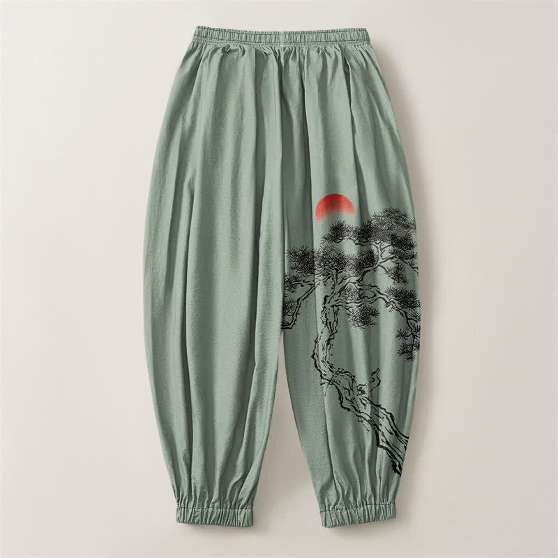 Buddha Stones Pantaloni harem da uomo in puro cotone con coulisse e tasche, fantasia a inchiostro di pini e sole. - image 14