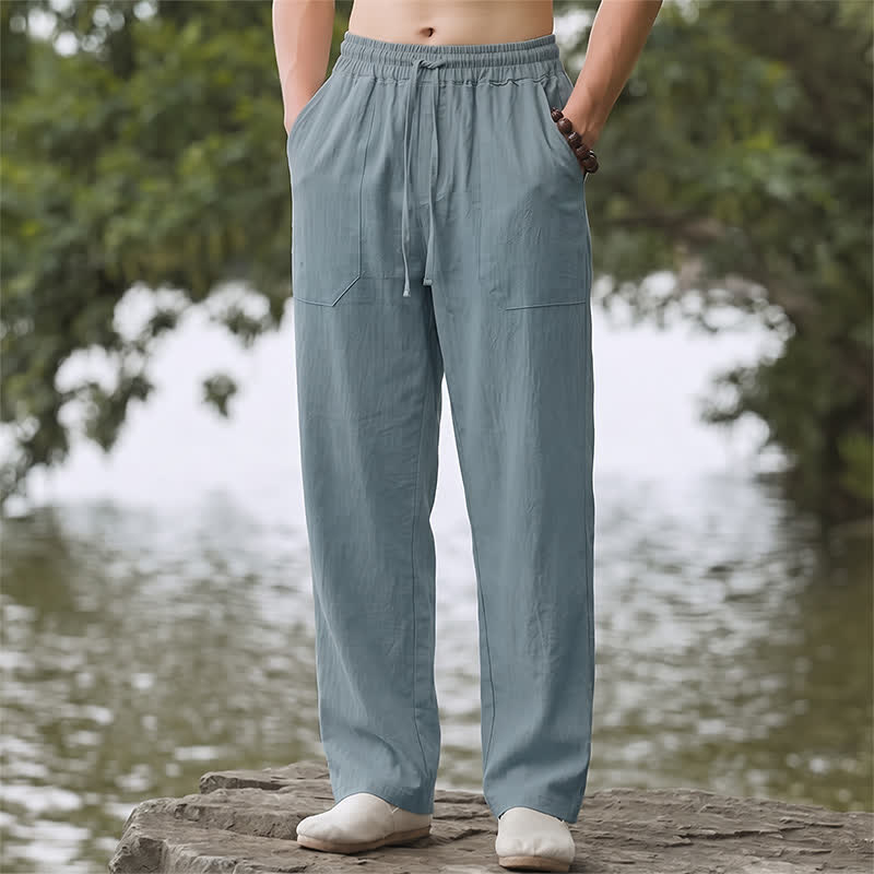 Buddha Stones Pantaloni lunghi da uomo classici, minimalisti, con coulisse, tinta unita, a gamba dritta e tasche, per primavera/estate. - Blu acciaio chiaro - US/UK/AU44, EU54 (3XL) - image 8