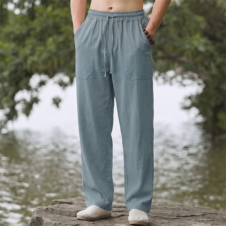 Buddha Stones Pantaloni lunghi da uomo classici, minimalisti, con coulisse, tinta unita, a gamba dritta e tasche, per primavera/estate. - Blu acciaio chiaro - US/UK/AU44, EU54 (3XL) - image 8