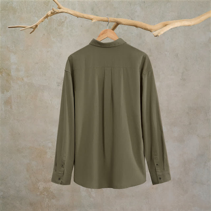 Buddha Stones Camicia da uomo a maniche lunghe in cotone tinta unita, casual, con bottoni e taschino applicato, ideale per primavera e autunno. - image 3
