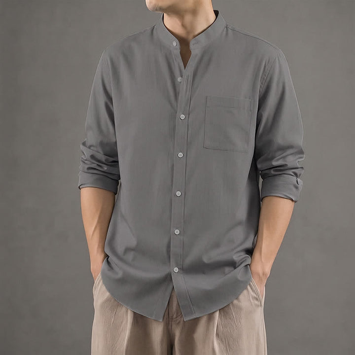 Buddha Stones Camicia da uomo a maniche lunghe, stile Tang, con colletto alla coreana, tinta unita, ideale per primavera/autunno, con taschino applicato. - image 21