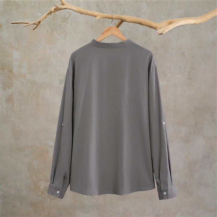 Buddha Stones Camicia da uomo a maniche lunghe, stile Tang, con colletto alla coreana, tinta unita, ideale per primavera/autunno, con taschino applicato. - image 23