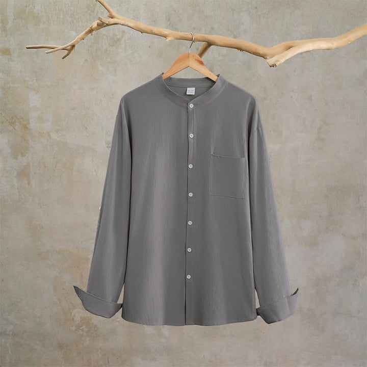 Buddha Stones Camicia da uomo a maniche lunghe, stile Tang, con colletto alla coreana, tinta unita, ideale per primavera/autunno, con taschino applicato. - image 22