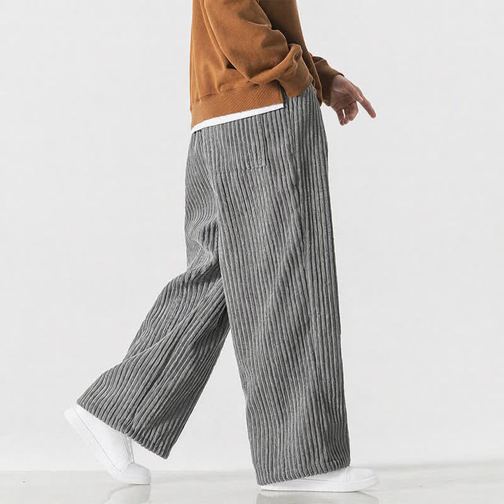 Buddha Stones Pantaloni lunghi da uomo in velluto a coste, tinta unita, stile vintage, con coulisse, per autunno/inverno, a gamba larga e tasca. - image 3