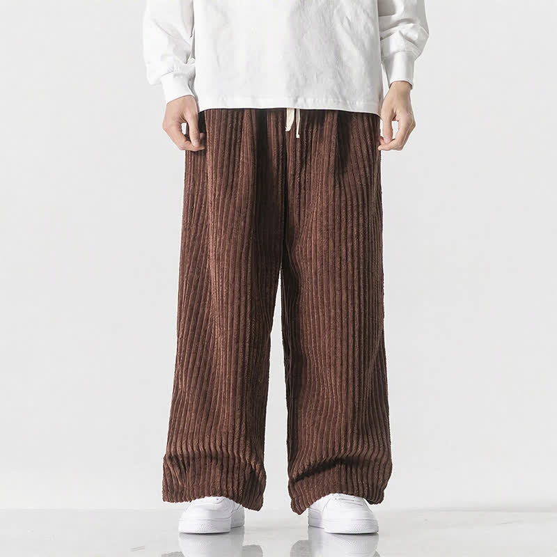 Buddha Stones Pantaloni lunghi da uomo in velluto a coste, tinta unita, stile vintage, con coulisse, per autunno/inverno, a gamba larga e tasca. - Marrone sella - US/UK/AU46, EU56 (5XL) - image 16
