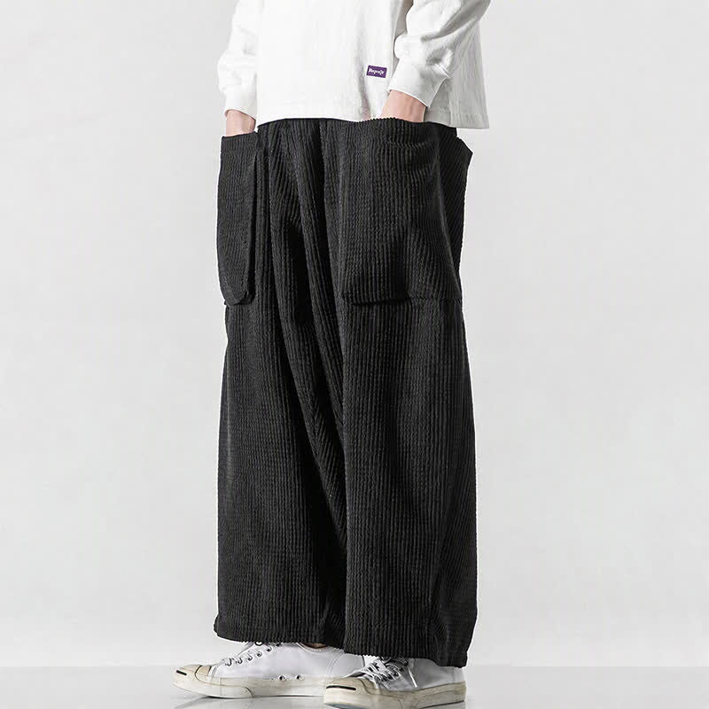 Buddha Stones Pantaloni da uomo a gamba larga, stile vintage, minimalisti, con coulisse, tinta unita, per autunno/inverno. - image 5
