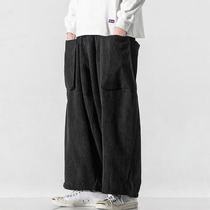 Buddha Stones Pantaloni da uomo a gamba larga, stile vintage, minimalisti, con coulisse, tinta unita, per autunno/inverno. - image 5