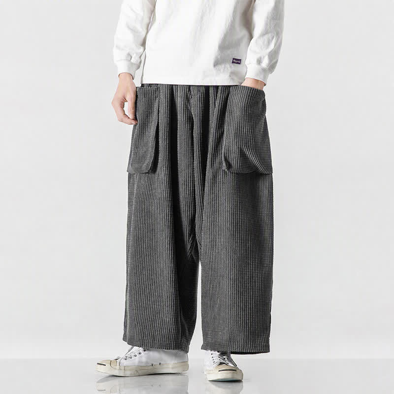 Buddha Stones Pantaloni da uomo a gamba larga, stile vintage, minimalisti, con coulisse, tinta unita, per autunno/inverno. - Grigio tenue - US/UK/AU46, EU56 (5XL) - image 8