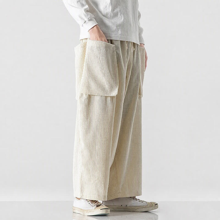Buddha Stones Pantaloni da uomo a gamba larga, stile vintage, minimalisti, con coulisse, tinta unita, per autunno/inverno. - image 36