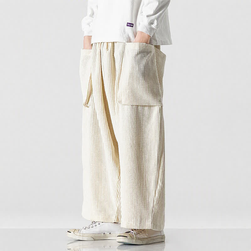 Buddha Stones Pantaloni da uomo a gamba larga, stile vintage, minimalisti, con coulisse, tinta unita, per autunno/inverno. - image 37