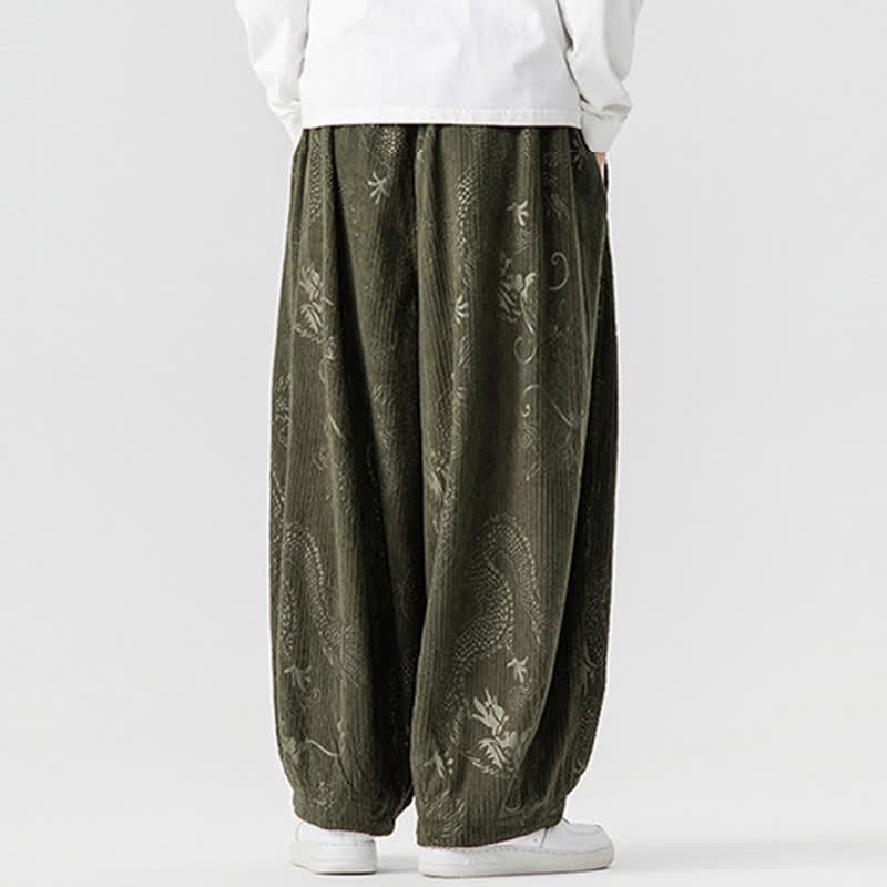 Buddha Stones Pantaloni lunghi da uomo in velluto a coste, stile vintage, casual, con coulisse e motivo drago, per autunno/inverno, modello harem con tasche. - image 3