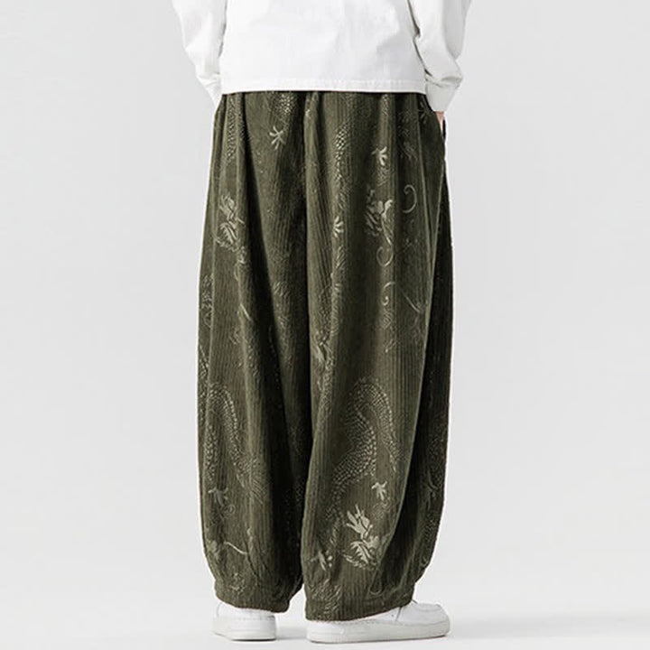 Buddha Stones Pantaloni lunghi da uomo in velluto a coste, stile vintage, casual, con coulisse e motivo drago, per autunno/inverno, modello harem con tasche. - image 3