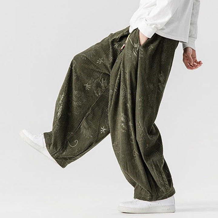 Buddha Stones Pantaloni lunghi da uomo in velluto a coste, stile vintage, casual, con coulisse e motivo drago, per autunno/inverno, modello harem con tasche. - image 4
