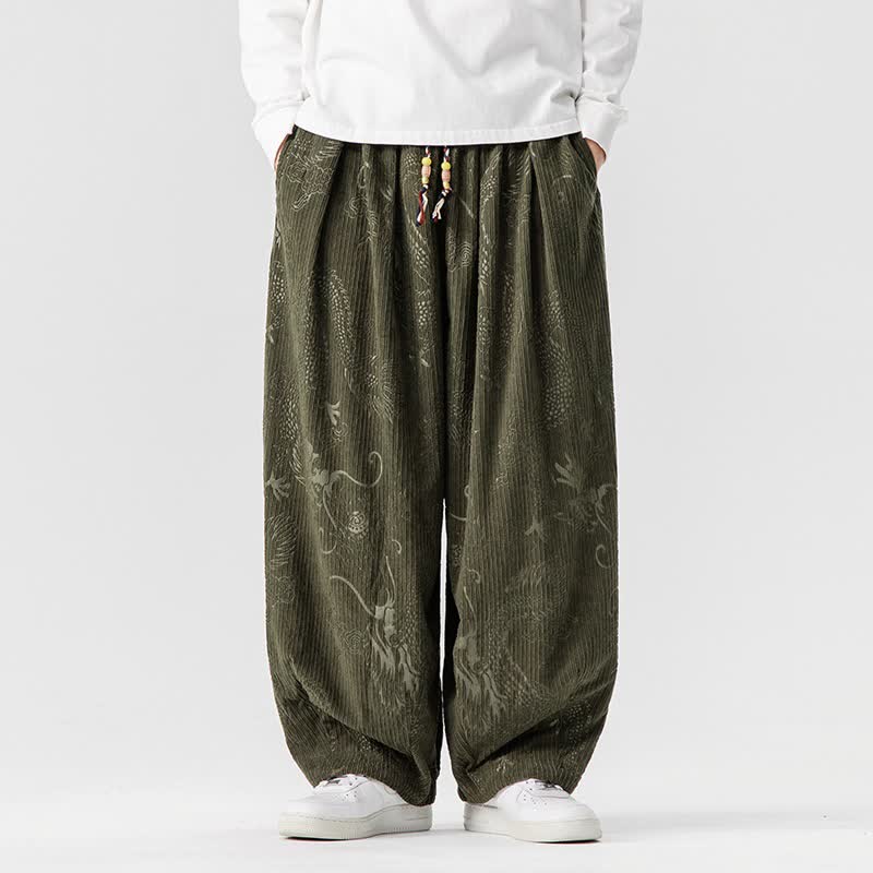 Buddha Stones Pantaloni lunghi da uomo in velluto a coste, stile vintage, casual, con coulisse e motivo drago, per autunno/inverno, modello harem con tasche. - image 2