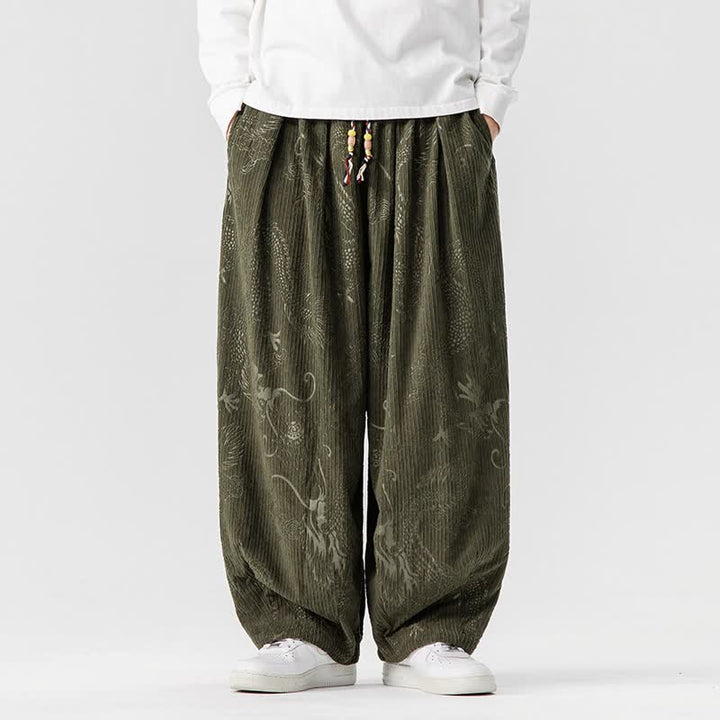 Buddha Stones Pantaloni lunghi da uomo in velluto a coste, stile vintage, casual, con coulisse e motivo drago, per autunno/inverno, modello harem con tasche. - image 2