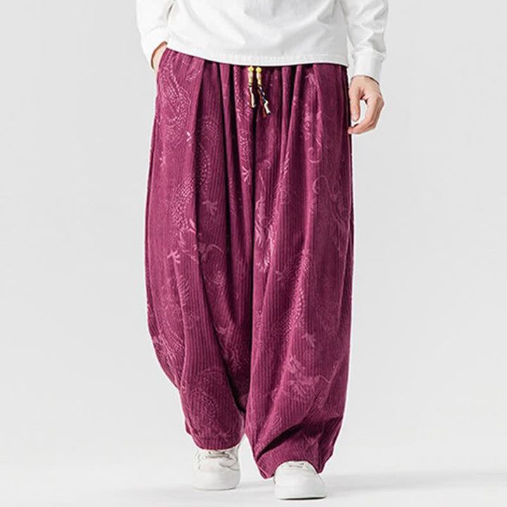 Buddha Stones Pantaloni lunghi da uomo in velluto a coste, stile vintage, casual, con coulisse e motivo drago, per autunno/inverno, modello harem con tasche. - image 7