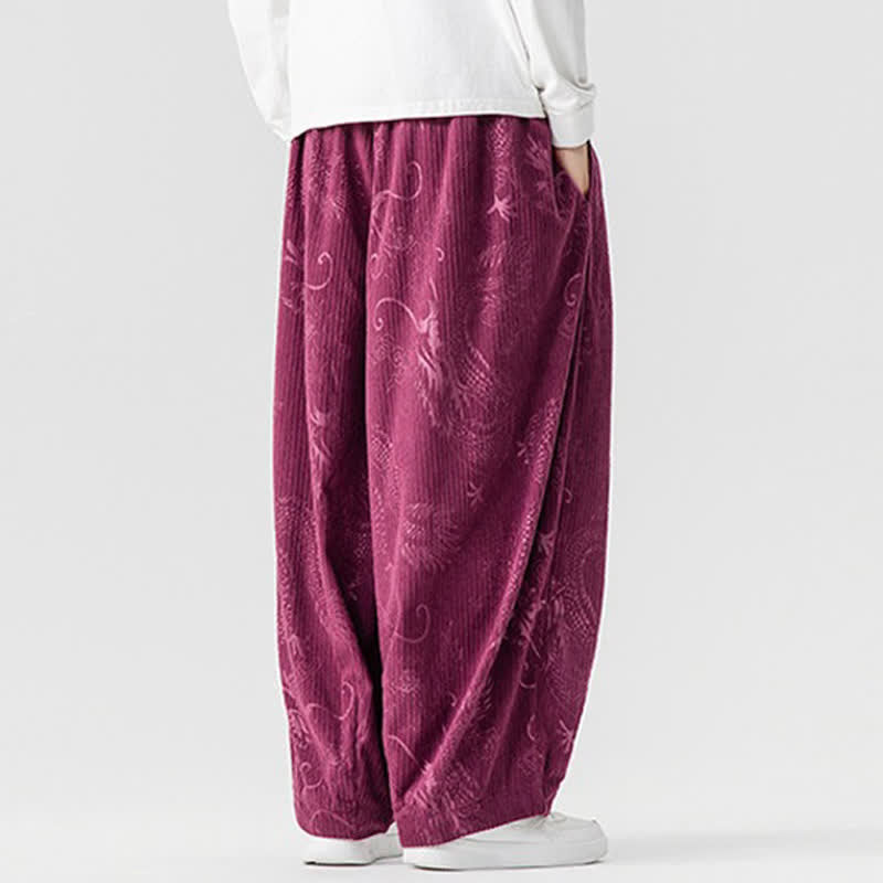 Buddha Stones Pantaloni lunghi da uomo in velluto a coste, stile vintage, casual, con coulisse e motivo drago, per autunno/inverno, modello harem con tasche. - image 8