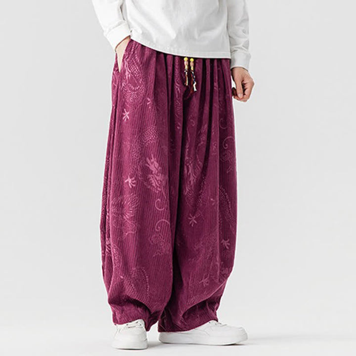 Buddha Stones Pantaloni lunghi da uomo in velluto a coste, stile vintage, casual, con coulisse e motivo drago, per autunno/inverno, modello harem con tasche. - image 6