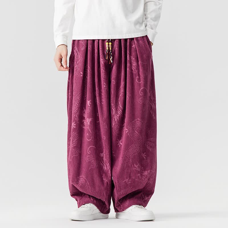 Buddha Stones Pantaloni lunghi da uomo in velluto a coste, stile vintage, casual, con coulisse e motivo drago, per autunno/inverno, modello harem con tasche. - Magenta scuro - US/UK/AU46, EU56 (5XL) - image 5