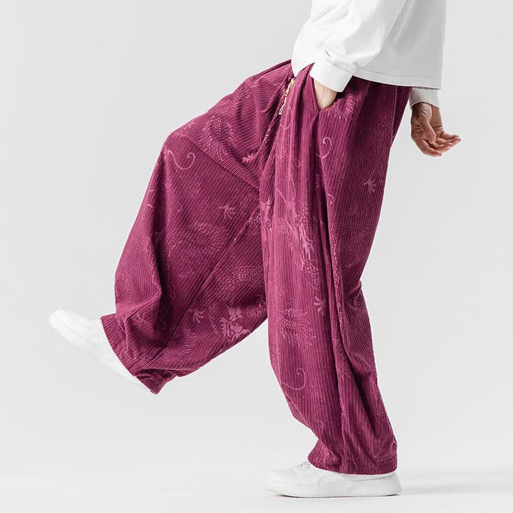 Buddha Stones Pantaloni lunghi da uomo in velluto a coste, stile vintage, casual, con coulisse e motivo drago, per autunno/inverno, modello harem con tasche. - image 11